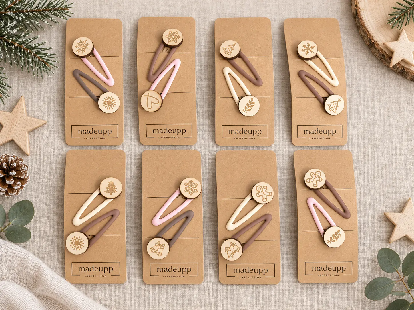 Handgefertigte Haarspangerl mit gravierten Holzmotiven